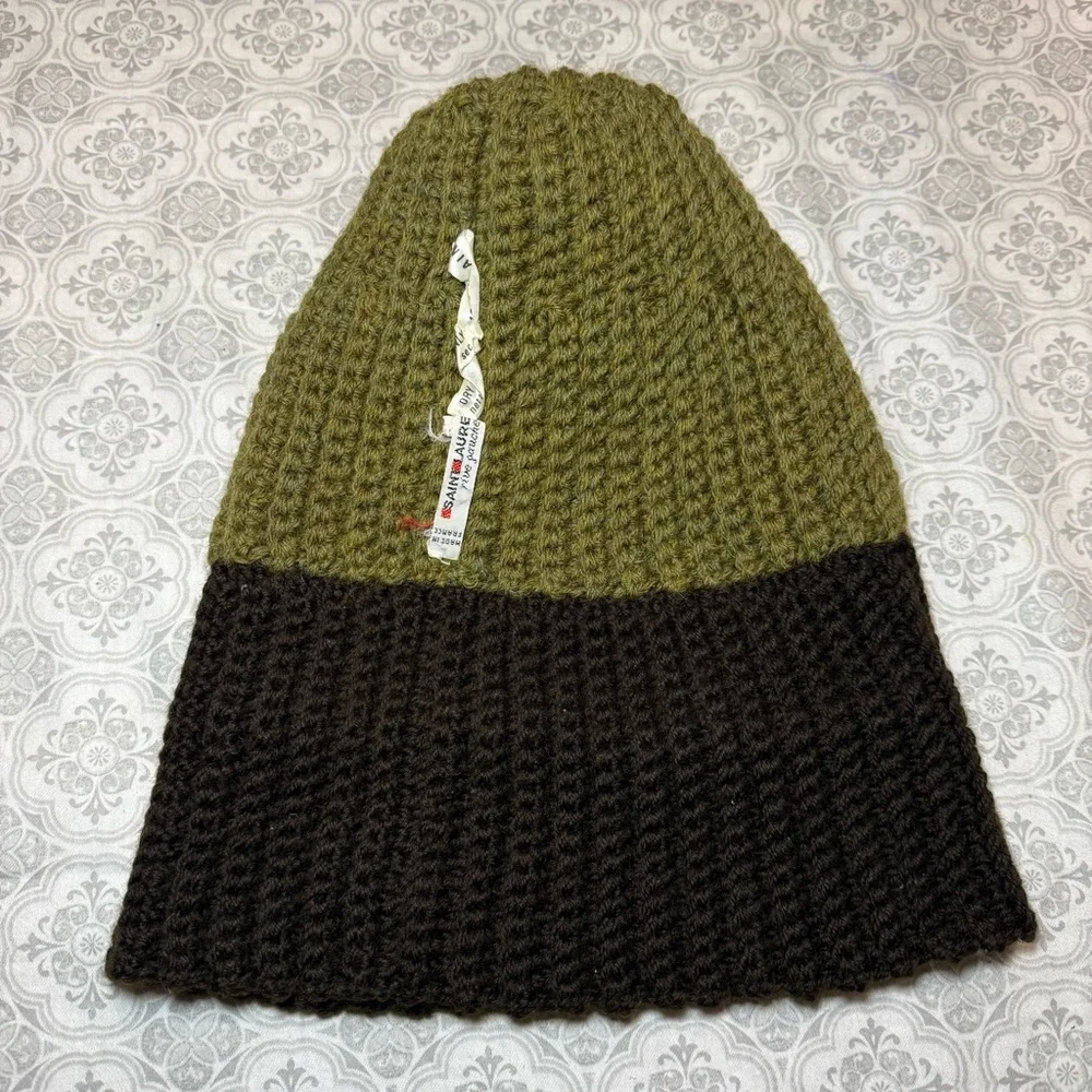 Yves Saint Laurent Olive and Brown Beanie with Blue Pom